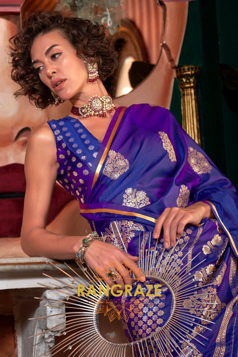 Royal Blue Woven Banarasi Satin Silk Saree