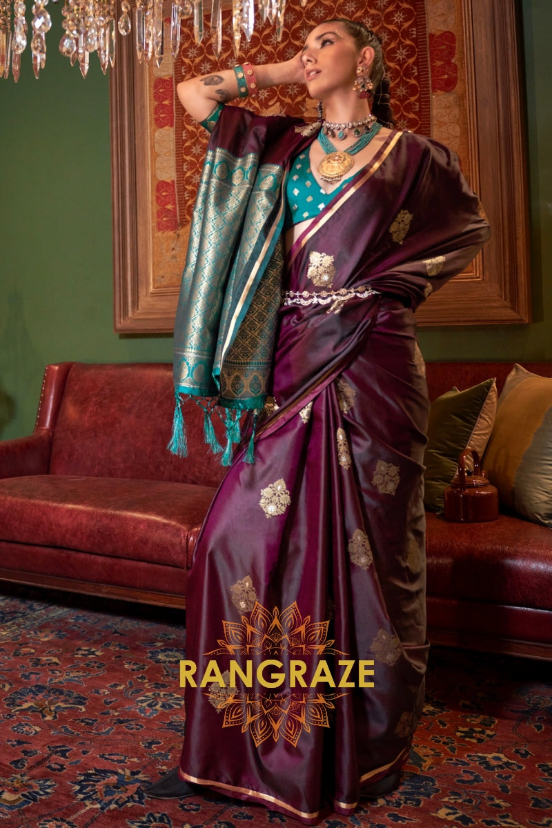 Mulbery Purple Banarasi Satin Silk Saree with Contrast Blouse