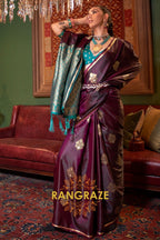 Mulbery Purple Banarasi Satin Silk Saree with Contrast Blouse