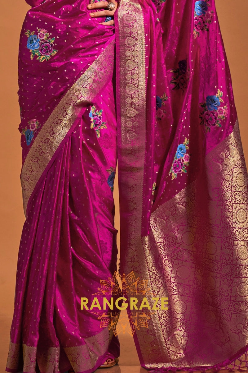 Royal Rani Pink Woven Banarasi Satin Silk Saree