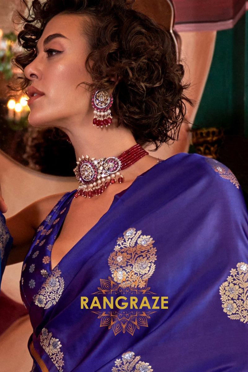 Royal Blue Woven Banarasi Satin Silk Saree