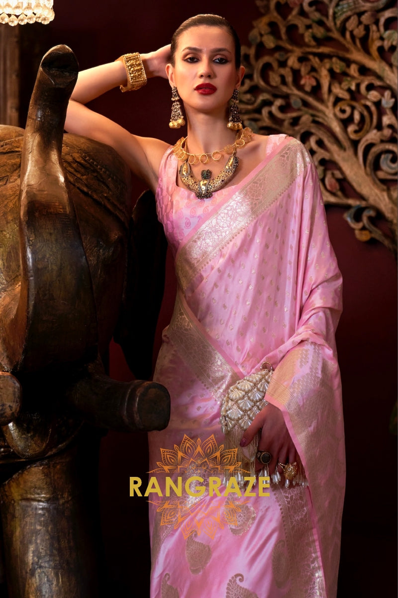 Blush Pink Woven Banarasi Satin Silk Saree