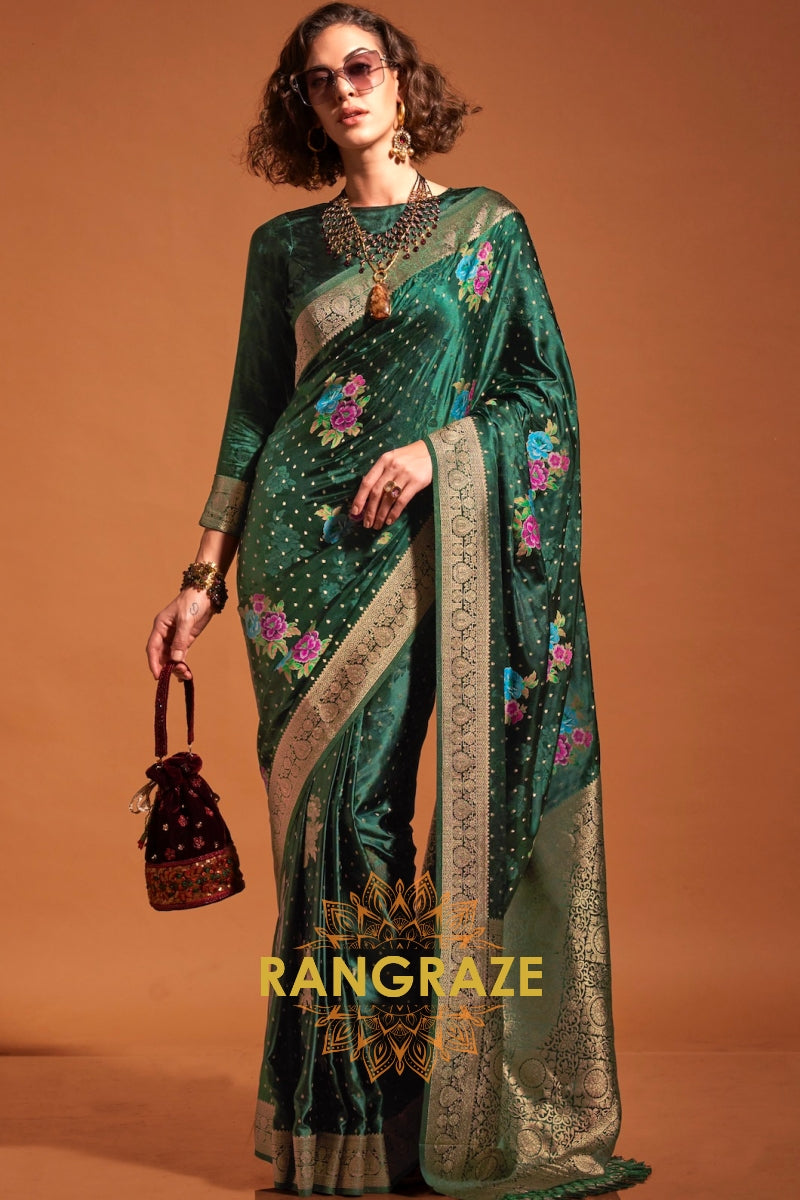 Bottle Green Woven Banarasi Satin Silk Saree