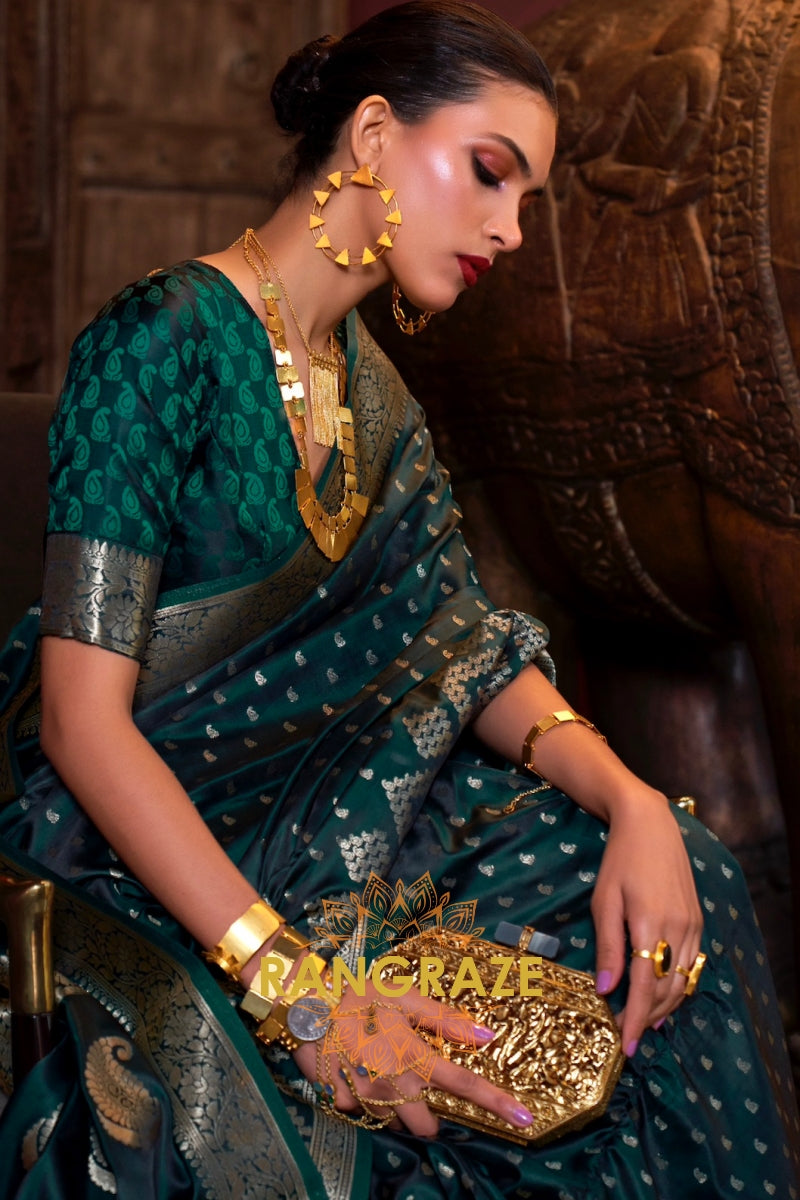 Emerald Green Woven Banarasi Satin Silk Saree