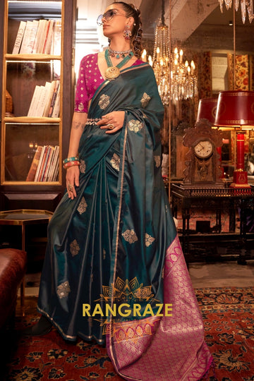 Deep Forest Green Banarasi Satin Silk Saree with Contrast Blouse