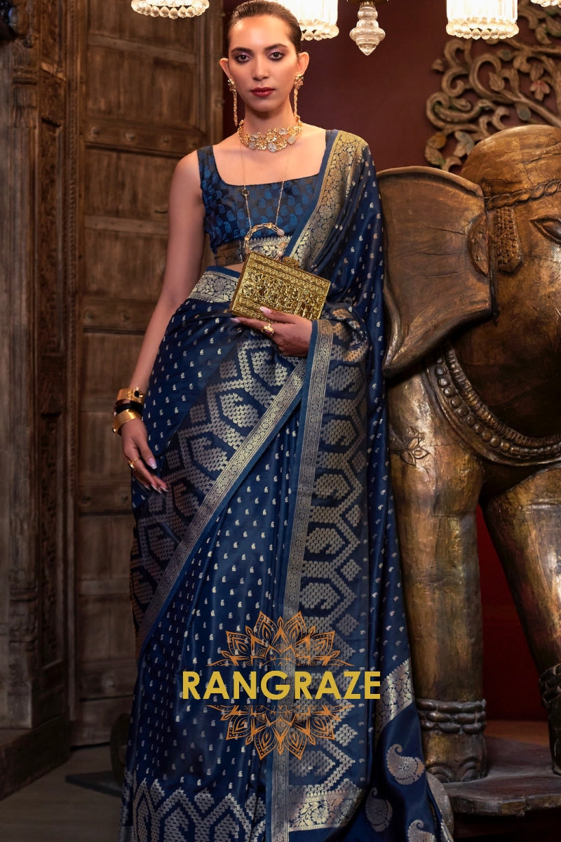 Navy Blue Woven Banarasi Satin Silk Saree