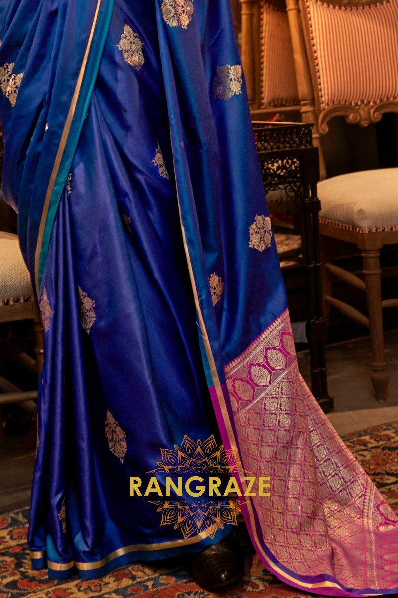 Navy Blue Banarasi Satin Silk Saree with Contrast Blouse