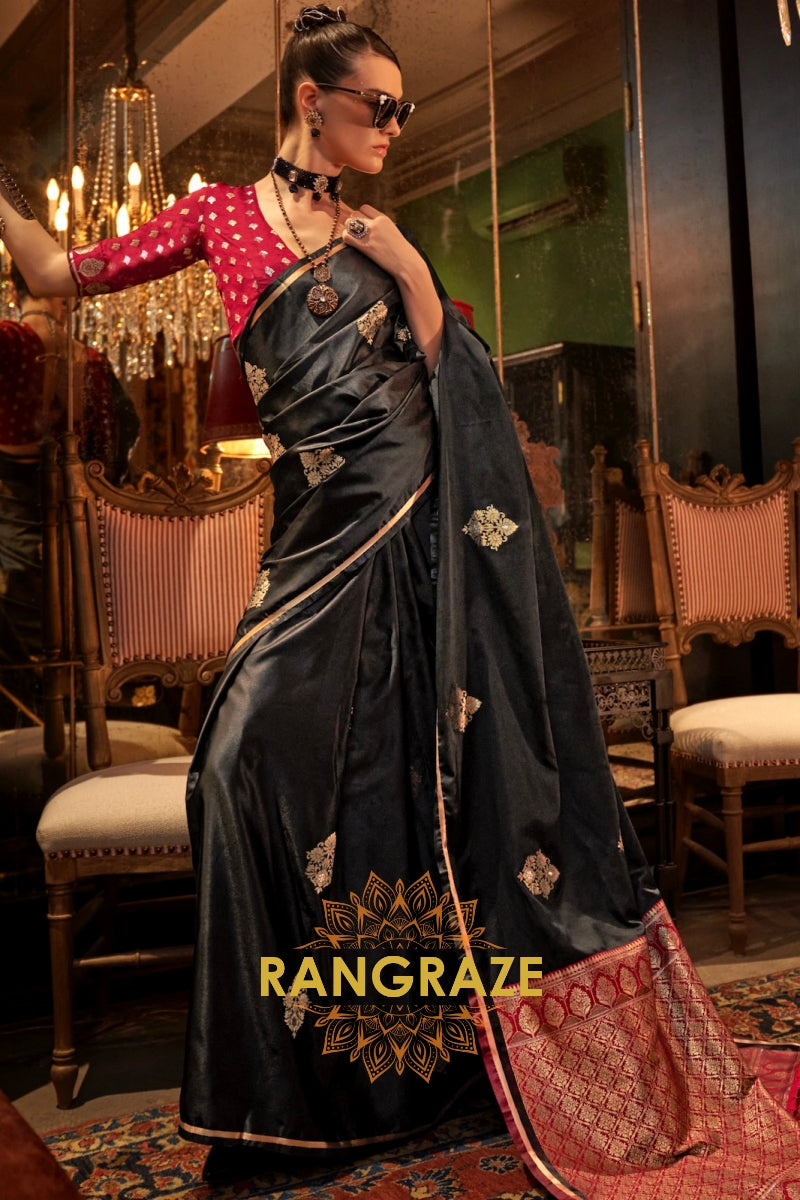 Elegance Banarasi Satin Silk Saree with Contrast Blouse