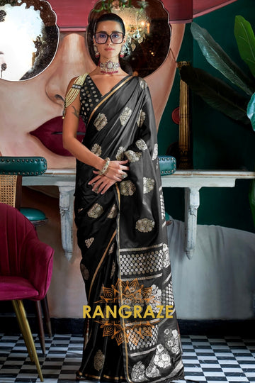 Midnight Black Woven Banarasi Satin Silk Saree