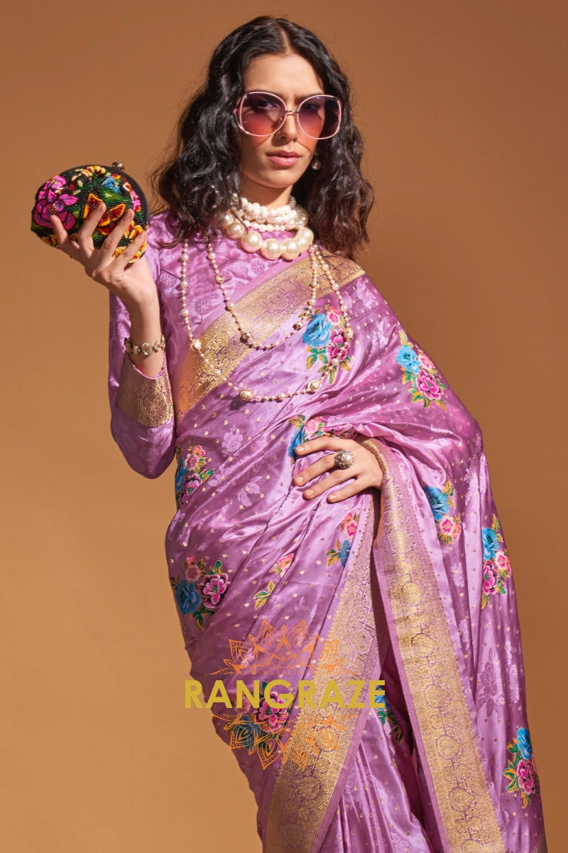 Lavender Bloom Woven Banarasi Satin Silk Saree