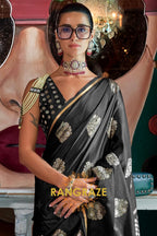 Midnight Black Woven Banarasi Satin Silk Saree