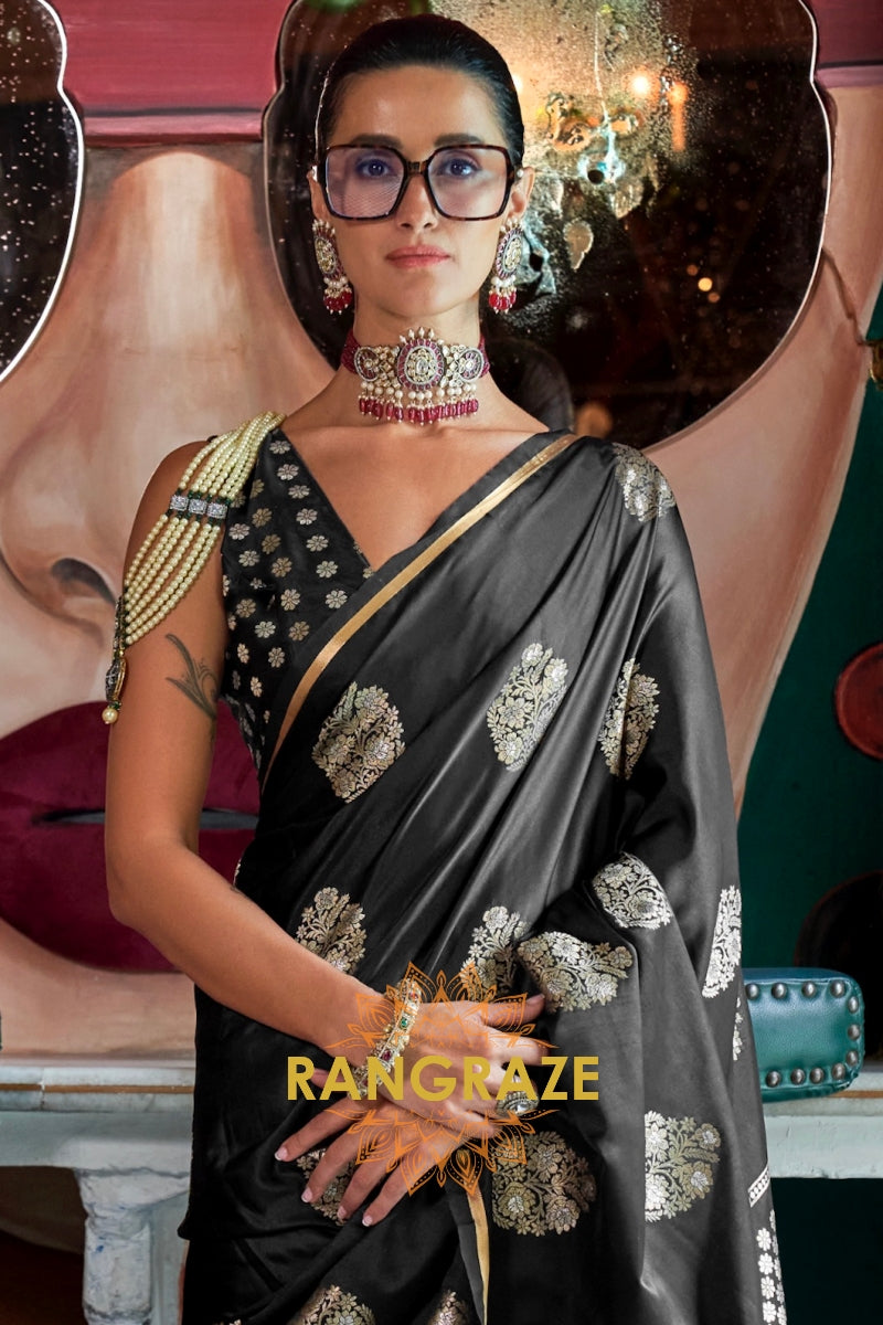 Midnight Black Woven Banarasi Satin Silk Saree