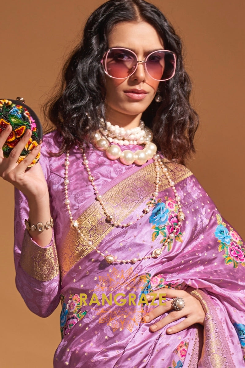 Lavender Bloom Woven Banarasi Satin Silk Saree