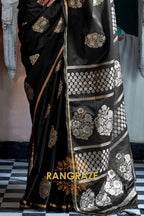 Midnight Black Woven Banarasi Satin Silk Saree