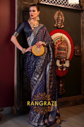 Yale Blue Woven Banarasi Satin Silk Saree