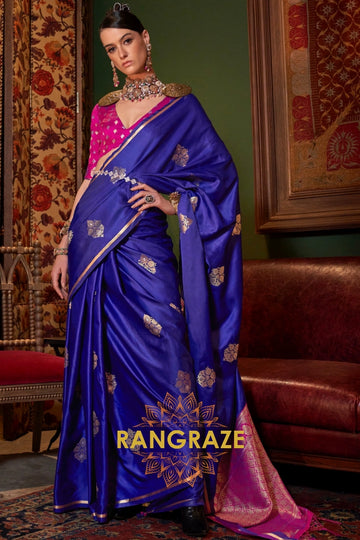 Cobalt Blue Banarasi Satin Silk Saree with Contrast Blouse