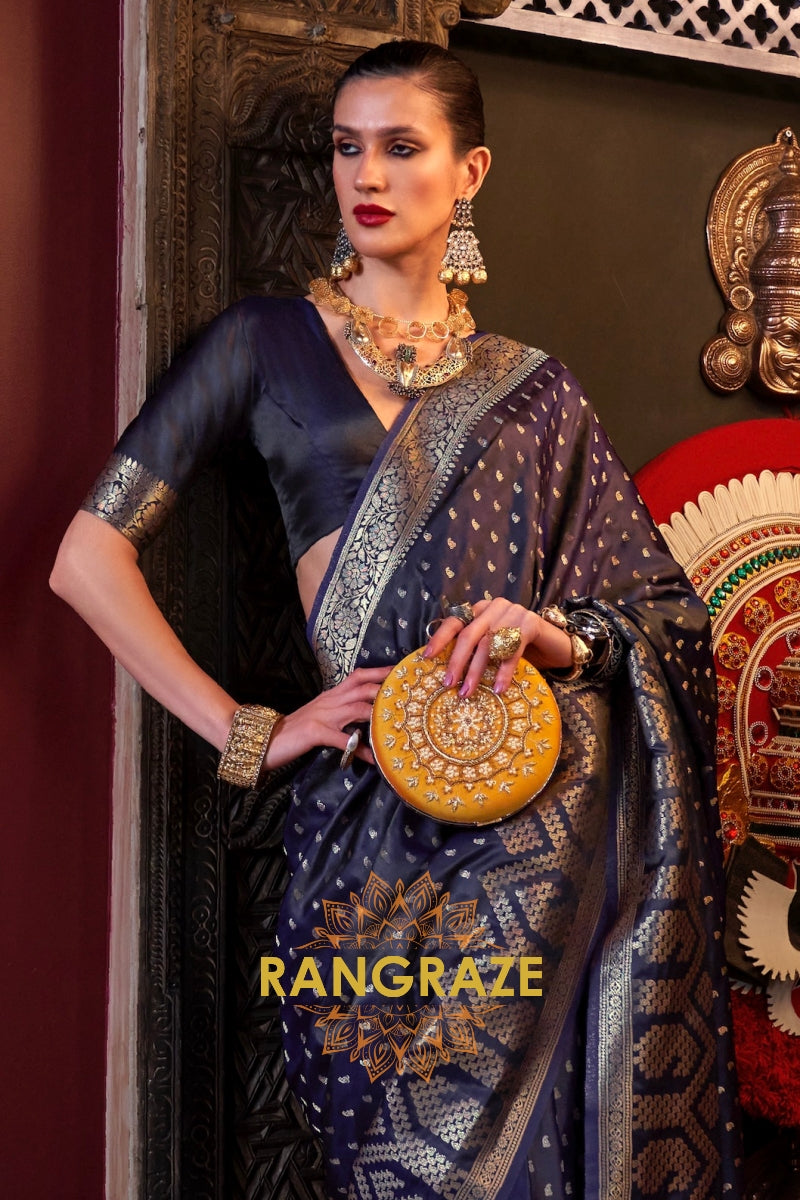 Yale Blue Woven Banarasi Satin Silk Saree