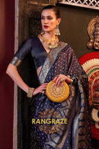 Yale Blue Woven Banarasi Satin Silk Saree