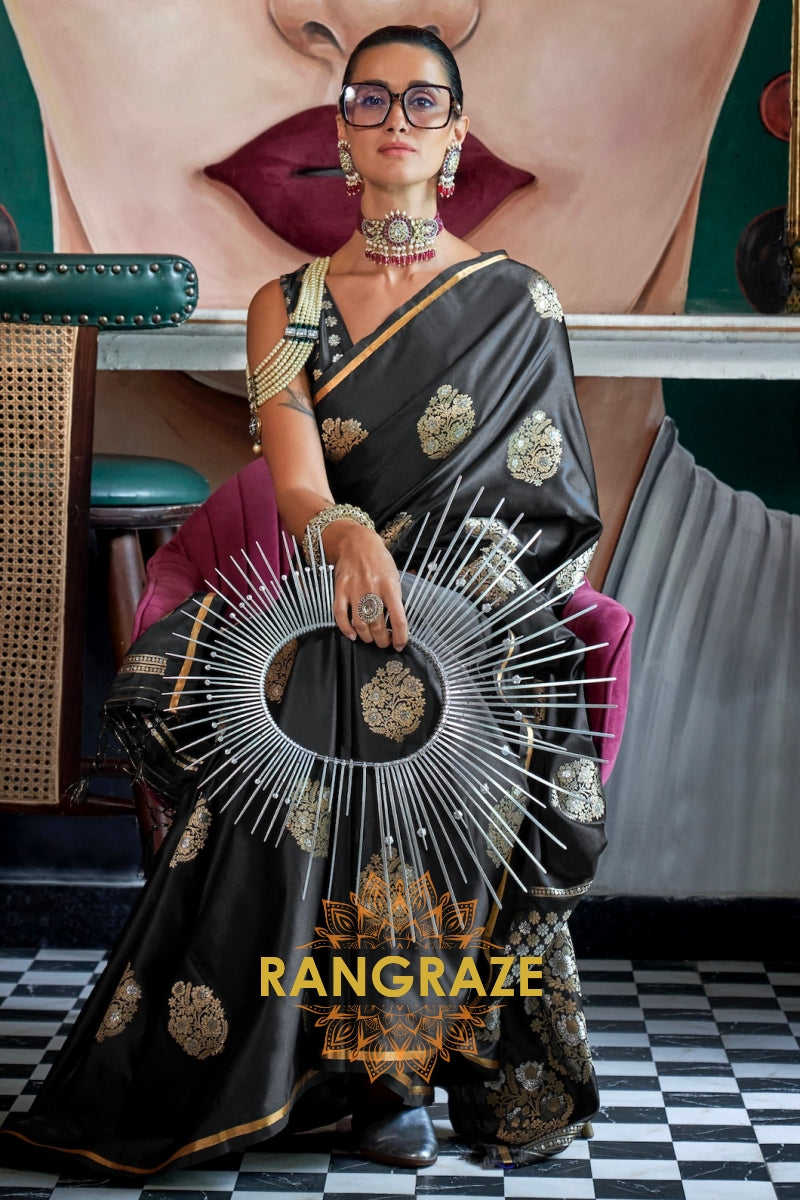 Midnight Black Woven Banarasi Satin Silk Saree