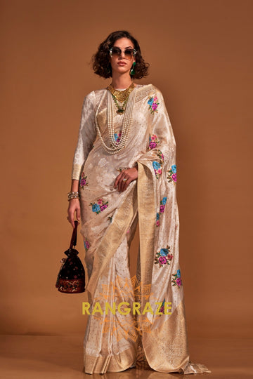 Champagne Gold Woven Banarasi Satin Silk Saree