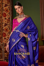 Cobalt Blue Banarasi Satin Silk Saree with Contrast Blouse