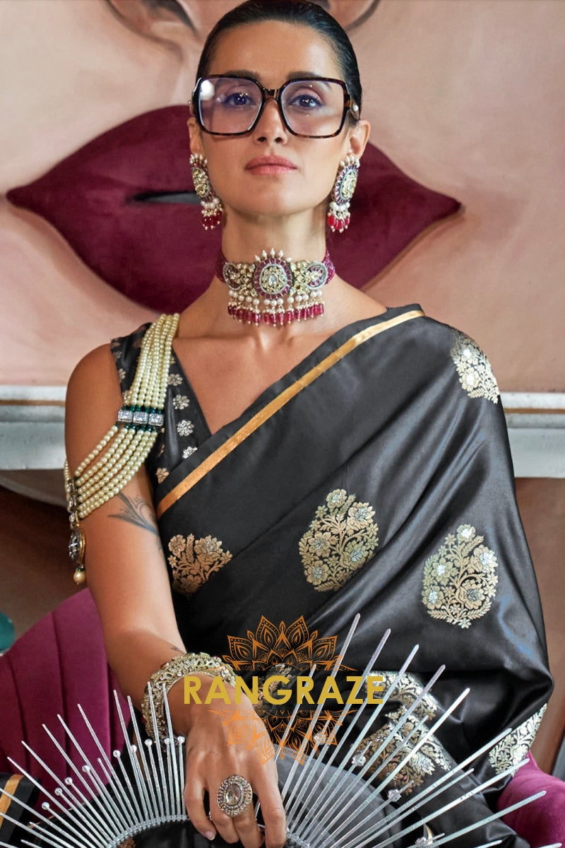 Midnight Black Woven Banarasi Satin Silk Saree