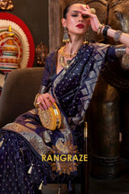 Yale Blue Woven Banarasi Satin Silk Saree