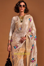 Champagne Gold Woven Banarasi Satin Silk Saree