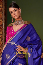 Cobalt Blue Banarasi Satin Silk Saree with Contrast Blouse