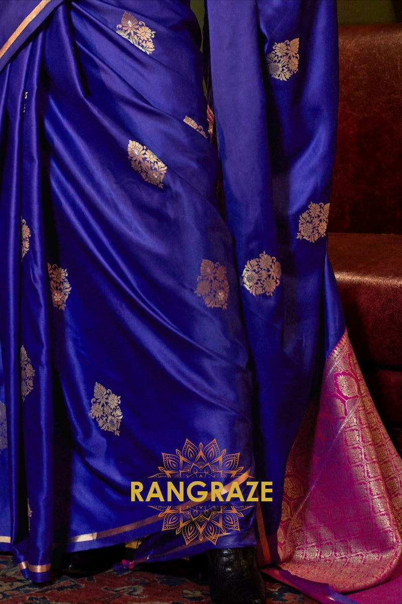 Cobalt Blue Banarasi Satin Silk Saree with Contrast Blouse