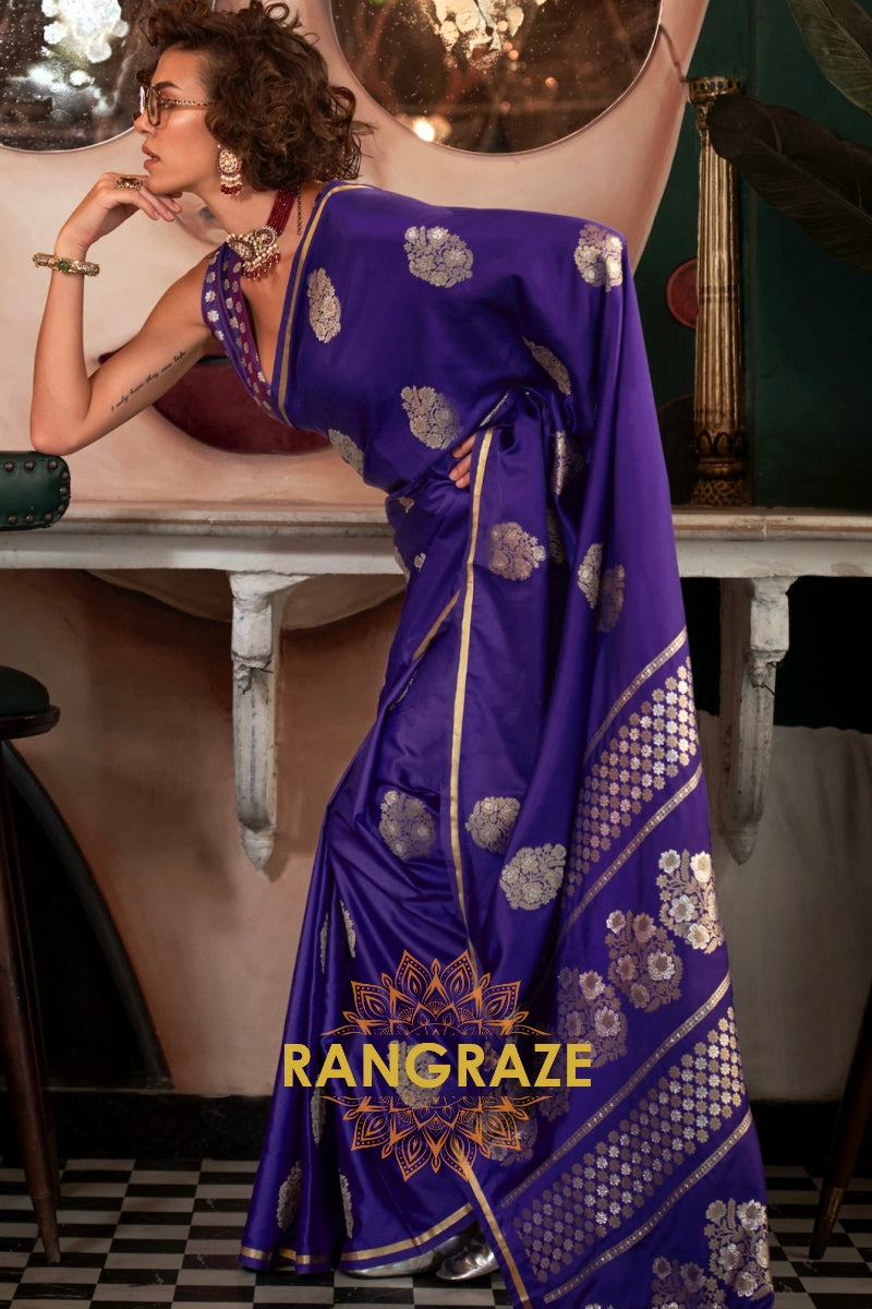 Beautiful Purple Woven Banarasi Satin Silk Saree