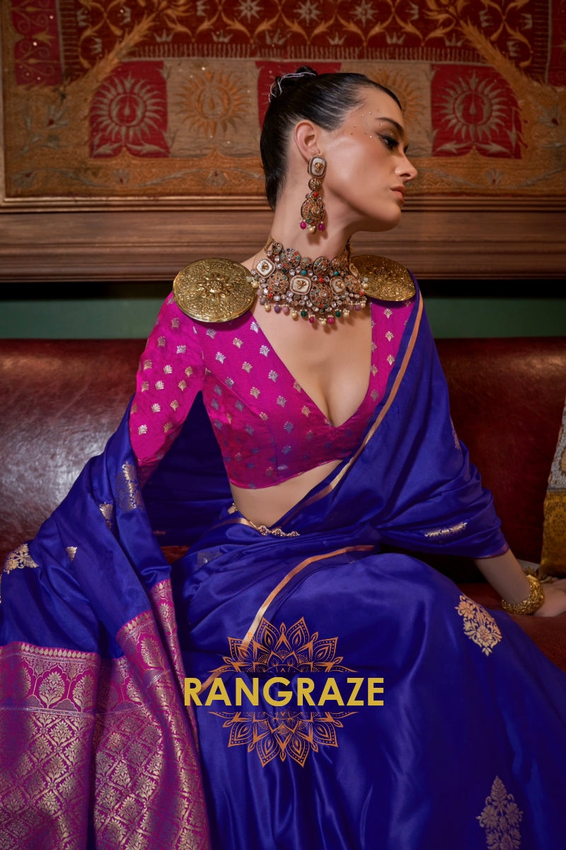 Cobalt Blue Banarasi Satin Silk Saree with Contrast Blouse