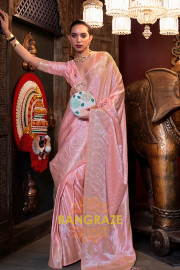 Powderpuff Pink Woven Banarasi Satin Silk Saree