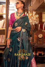 Deep Forest Green Banarasi Satin Silk Saree with Contrast Blouse