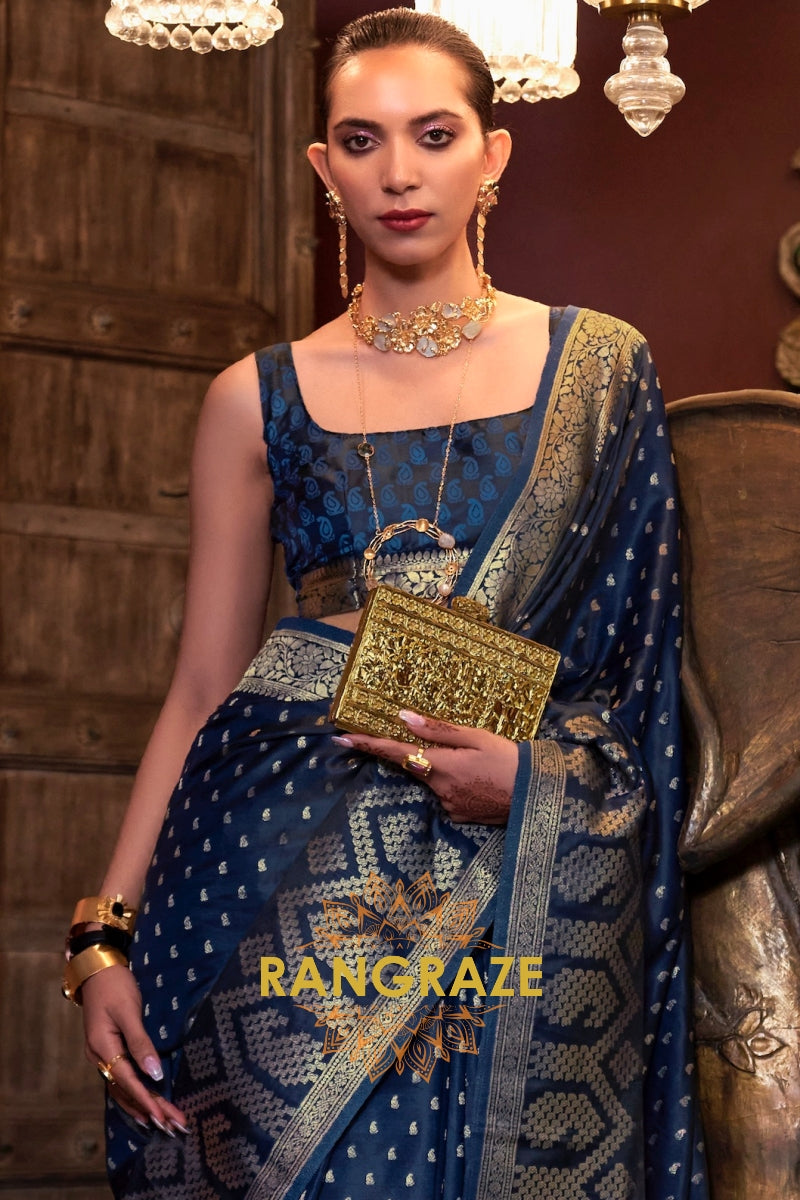 Navy Blue Woven Banarasi Satin Silk Saree