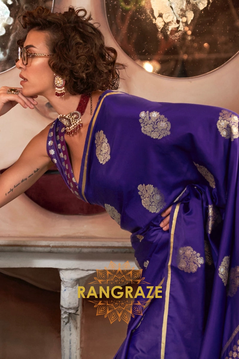Beautiful Purple Woven Banarasi Satin Silk Saree