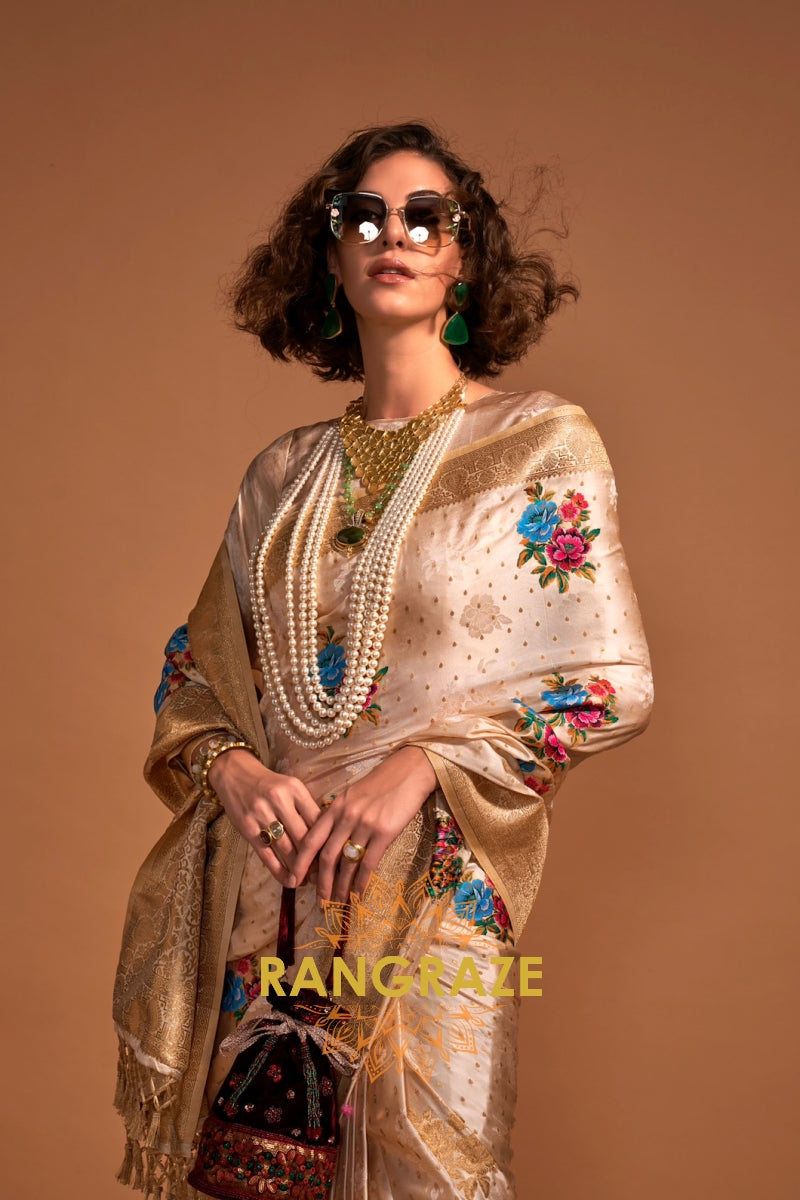 Champagne Gold Woven Banarasi Satin Silk Saree
