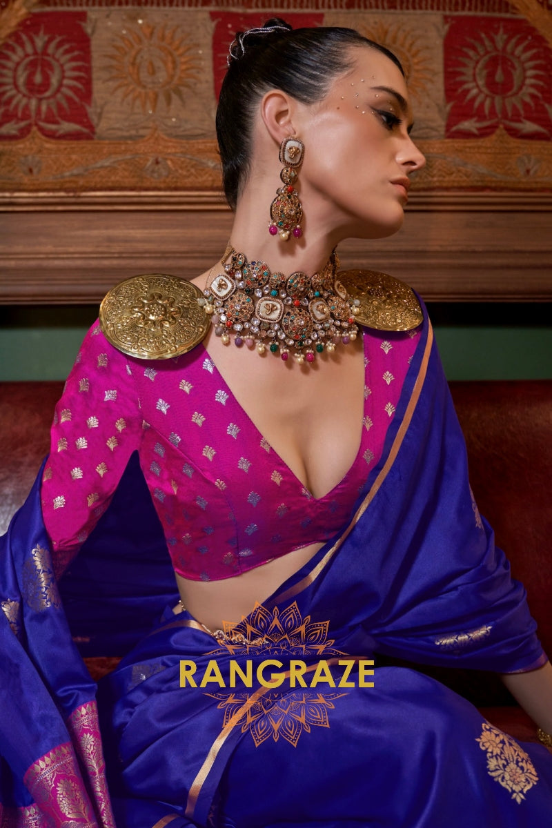 Cobalt Blue Banarasi Satin Silk Saree with Contrast Blouse