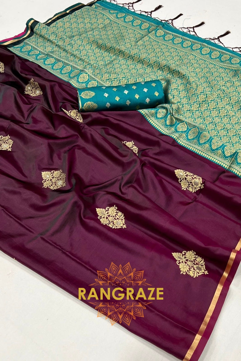 Mulbery Purple Banarasi Satin Silk Saree with Contrast Blouse
