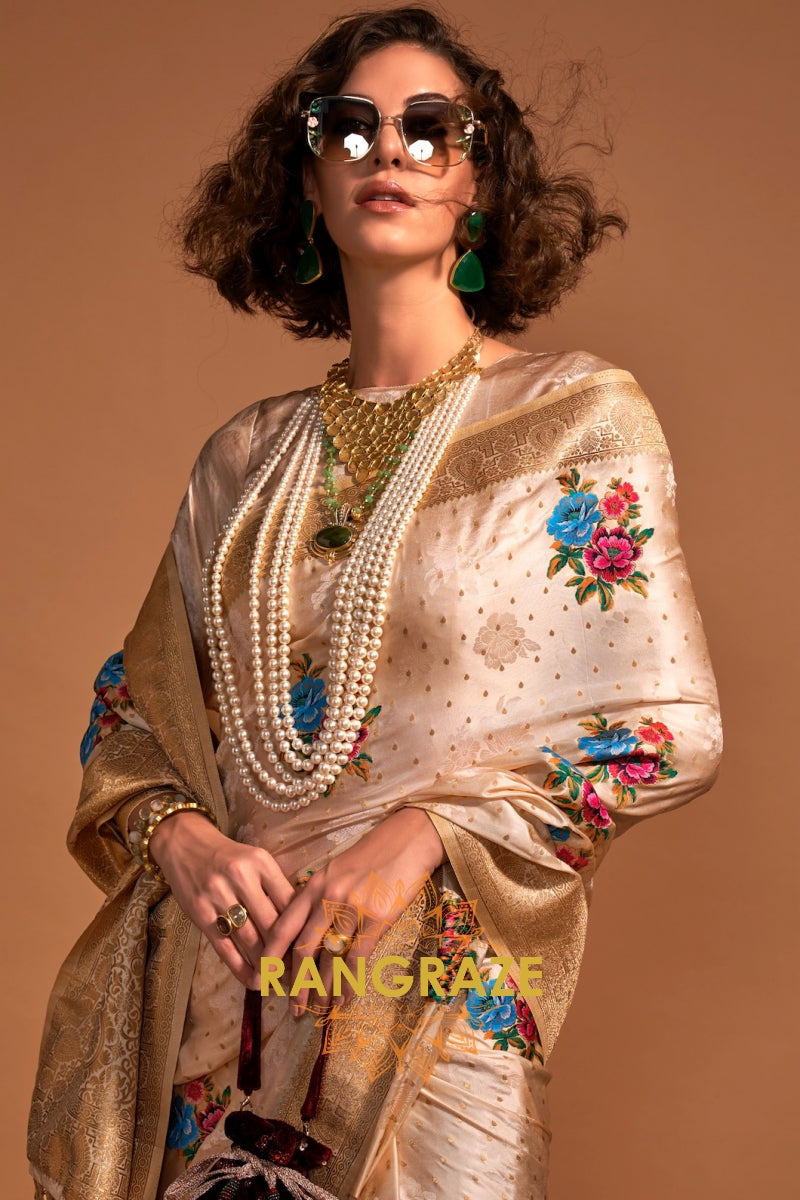 Champagne Gold Woven Banarasi Satin Silk Saree