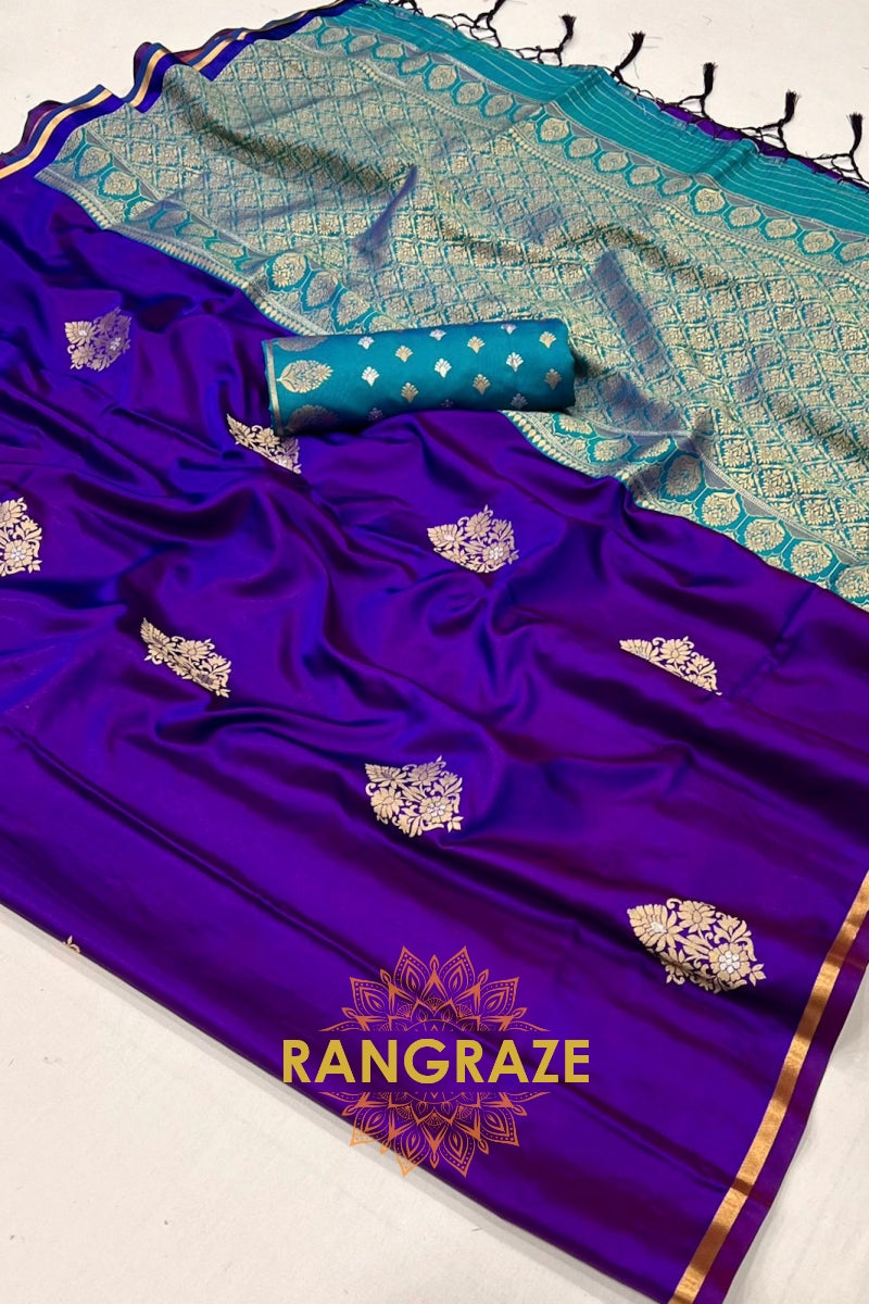 Purple Dual Tone Banarasi Satin Silk Saree with Contrast Blouse