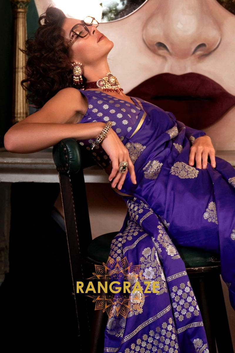 Beautiful Purple Woven Banarasi Satin Silk Saree