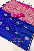 Navy Blue Banarasi Satin Silk Saree with Contrast Blouse