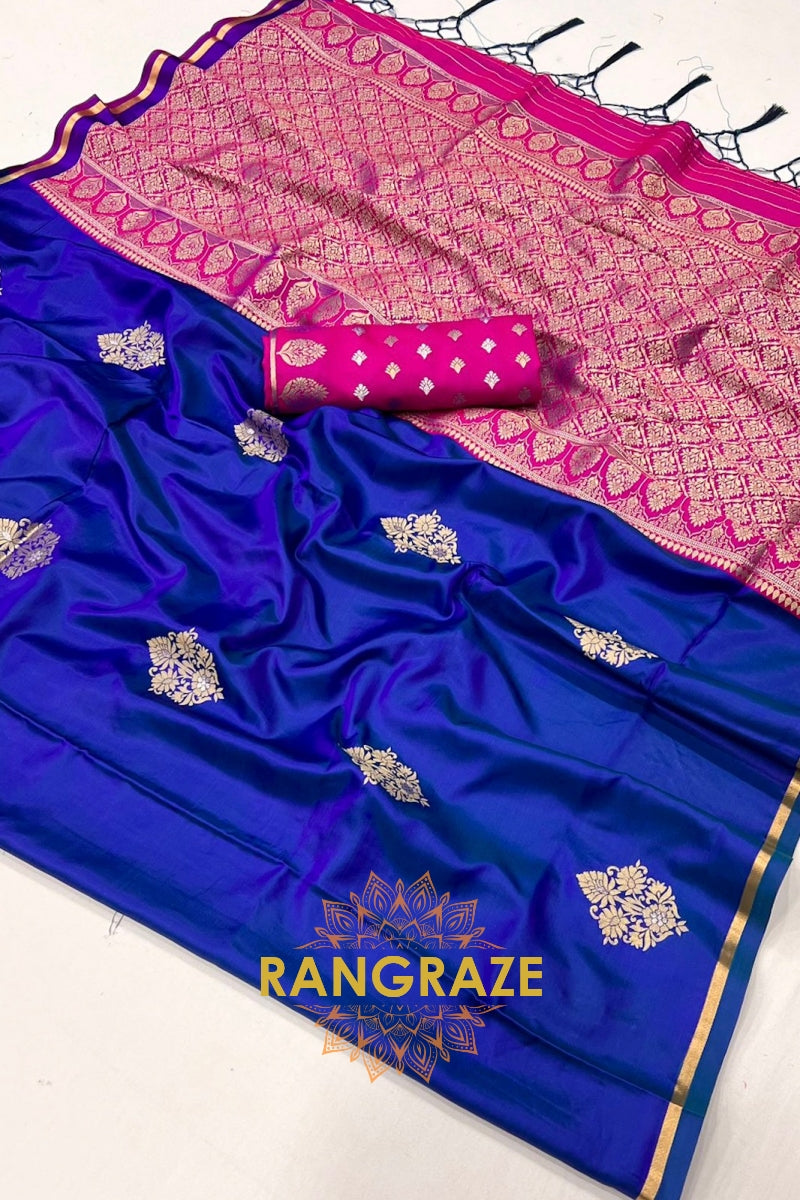Navy Blue Banarasi Satin Silk Saree with Contrast Blouse