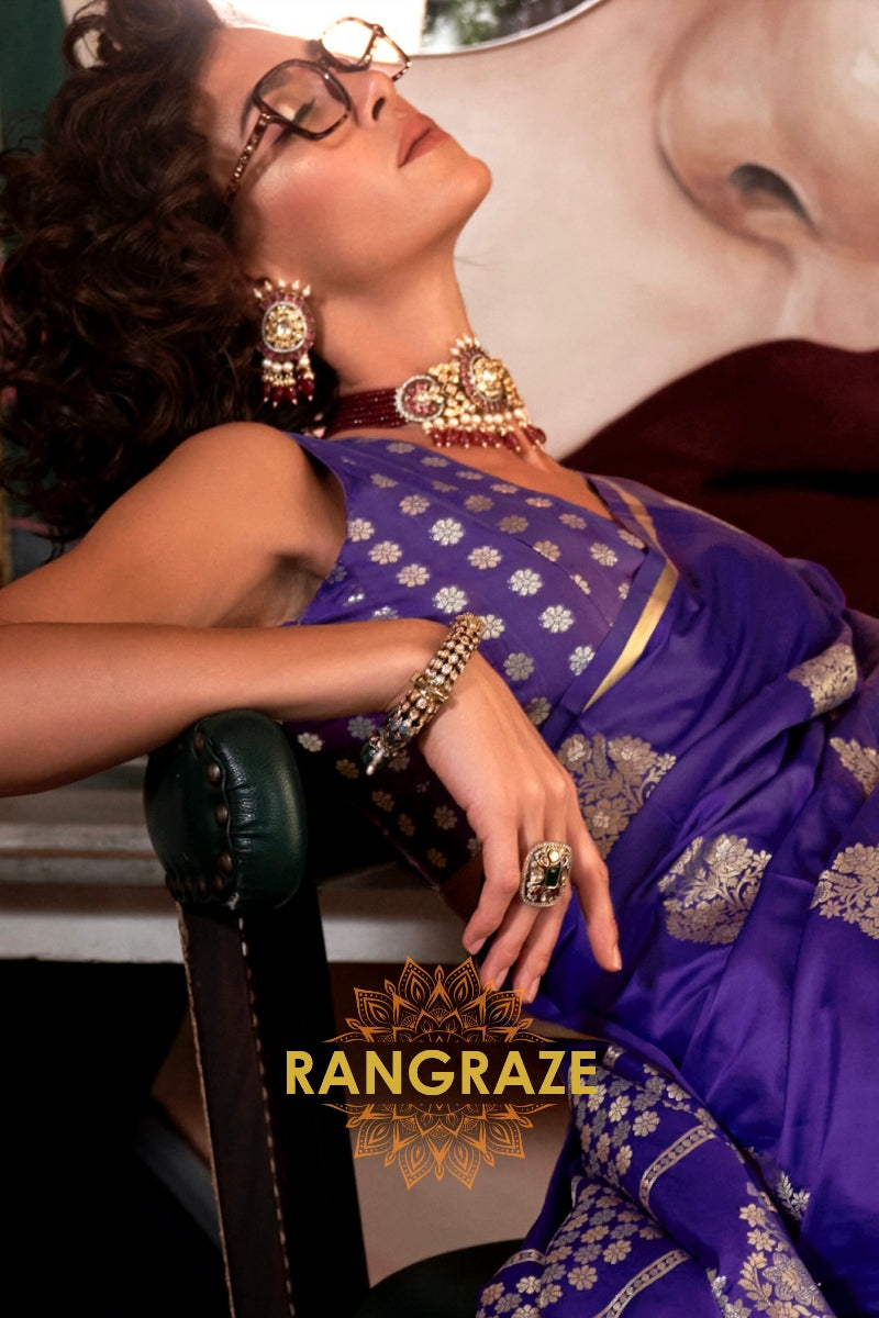 Beautiful Purple Woven Banarasi Satin Silk Saree