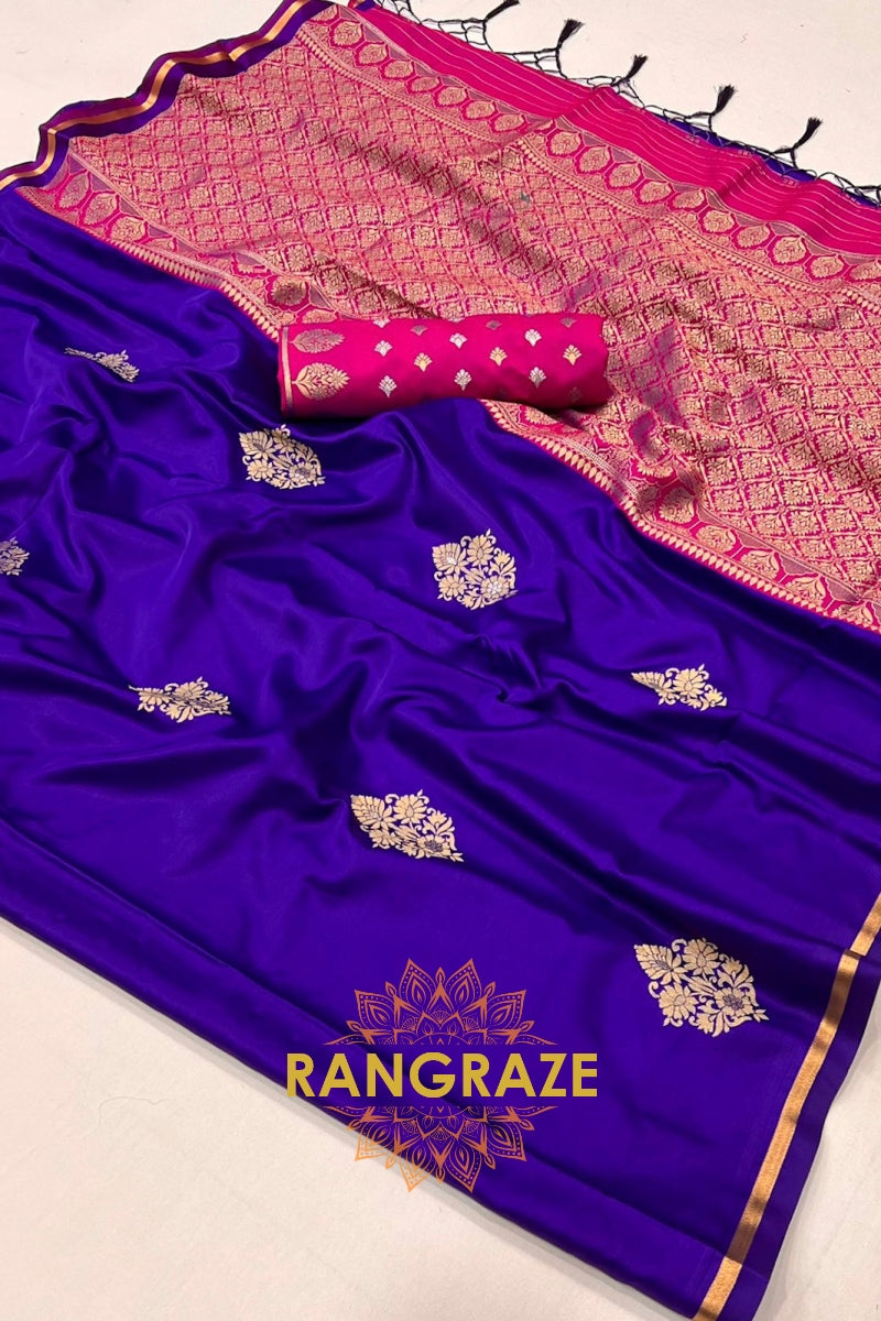 Cobalt Blue Banarasi Satin Silk Saree with Contrast Blouse
