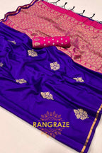 Cobalt Blue Banarasi Satin Silk Saree with Contrast Blouse