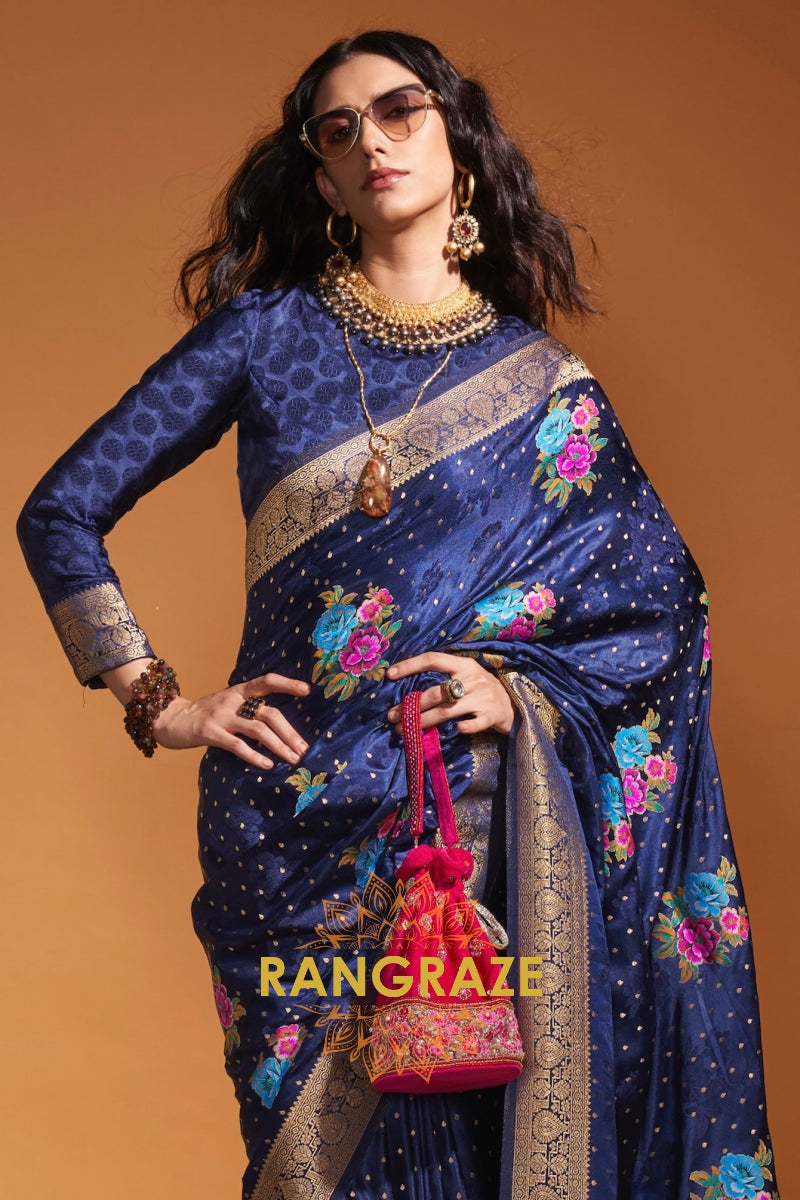 Midnight Sapphire Woven Banarasi Satin Silk Saree