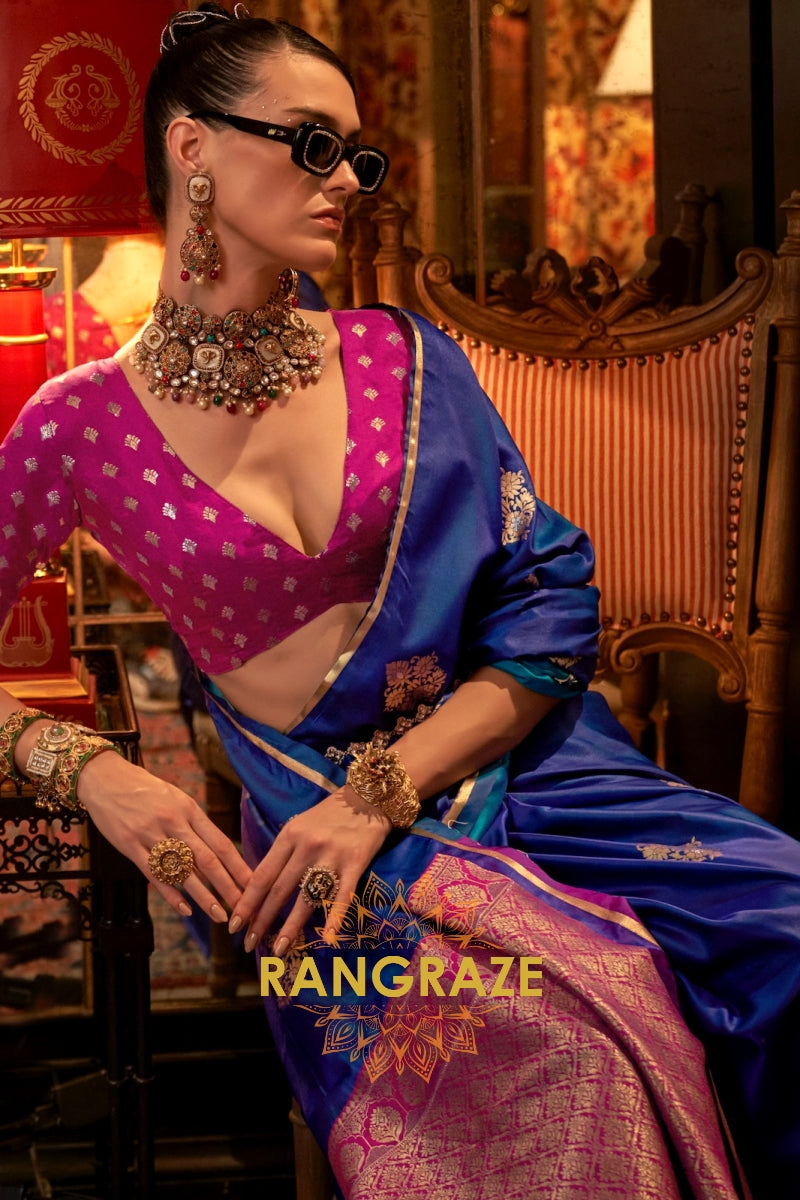 Navy Blue Banarasi Satin Silk Saree with Contrast Blouse