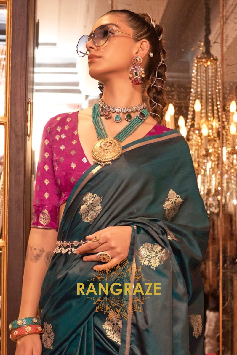 Deep Forest Green Banarasi Satin Silk Saree with Contrast Blouse